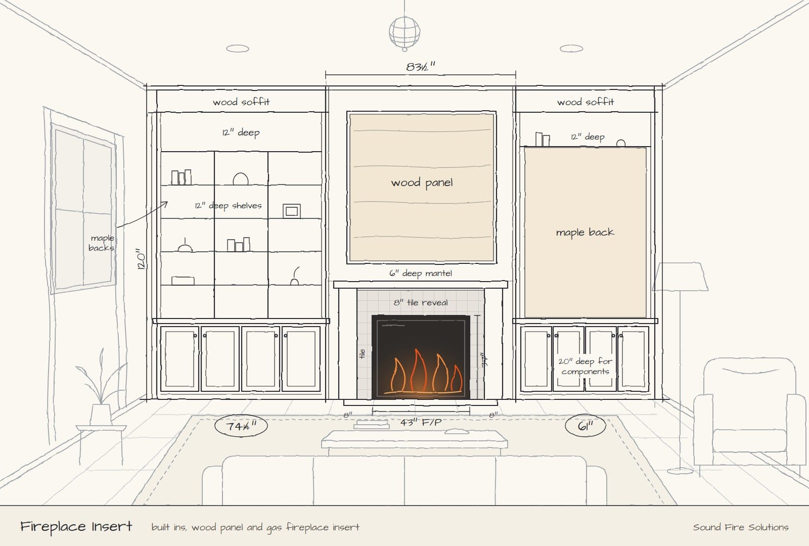 Hand-drawn elevation sketch of a living room fireplace wall: a gas fireplace insert with a tile surround and mantel, a wood panel above, and built-in shelves and cabinets on both sides