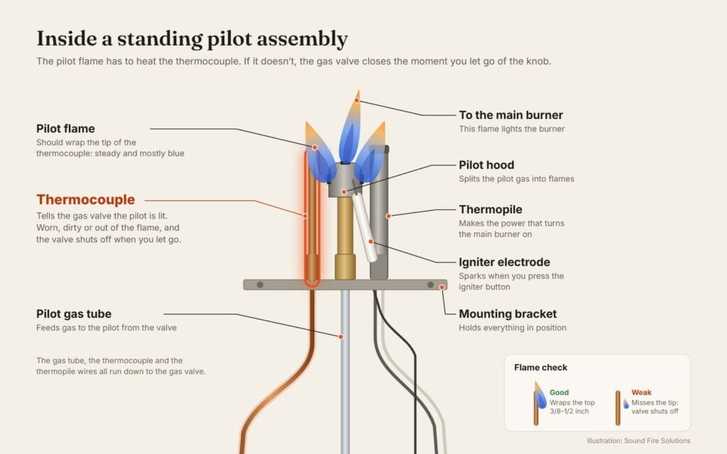 Labeled diagram of a gas fireplace standing pilot assembly with the thermocouple highlighted in the pilot flame, plus the pilot hood, thermopile, igniter electrode and pilot gas tube