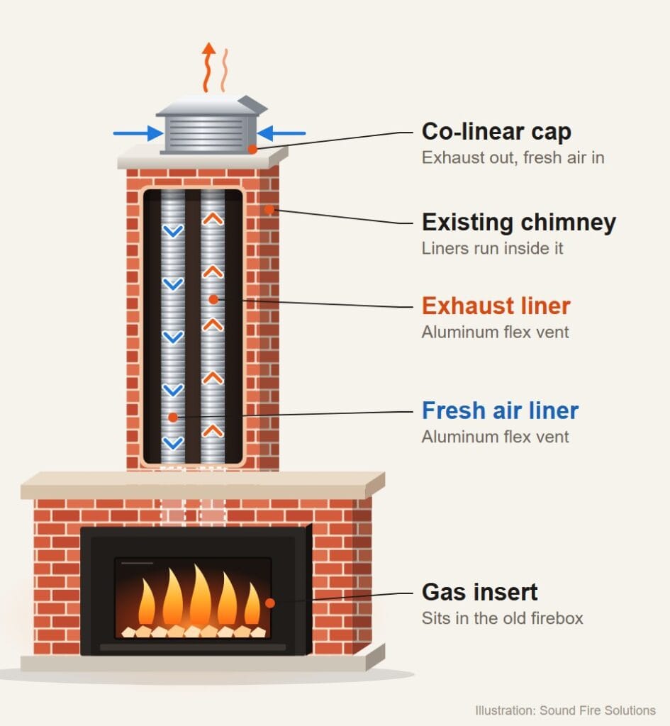 Diagram of a gas fireplace insert vented up a brick chimney through two aluminum flex liners, one bringing fresh air down and one carrying exhaust up to a co-linear termination cap